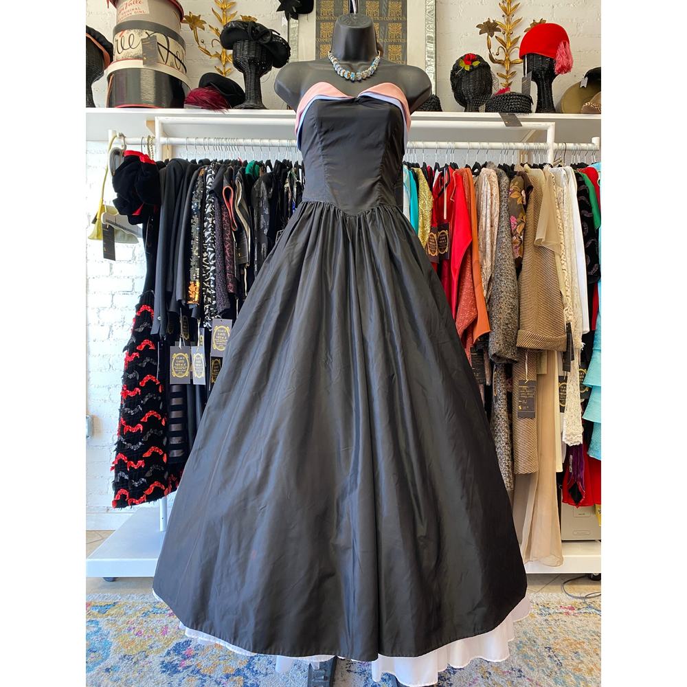 vintage 1950s strapless prom dress black taffeta pink and blue train 50s formal